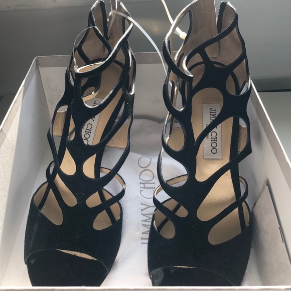 JIMMY CHOO Ren 100 Black Suede Cut-out Sandals - Picture 8 of 11